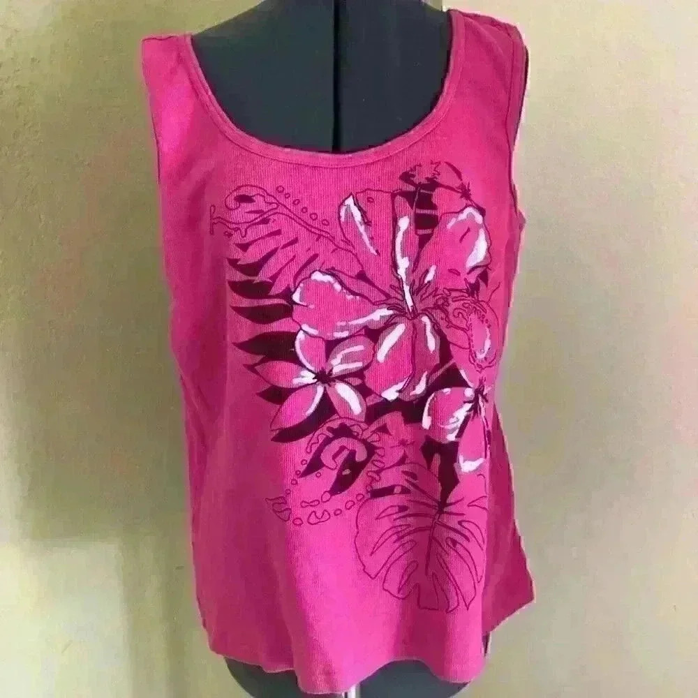 BASIC EDITIONS Pink Hibiscus Cotton Tank top Women XL